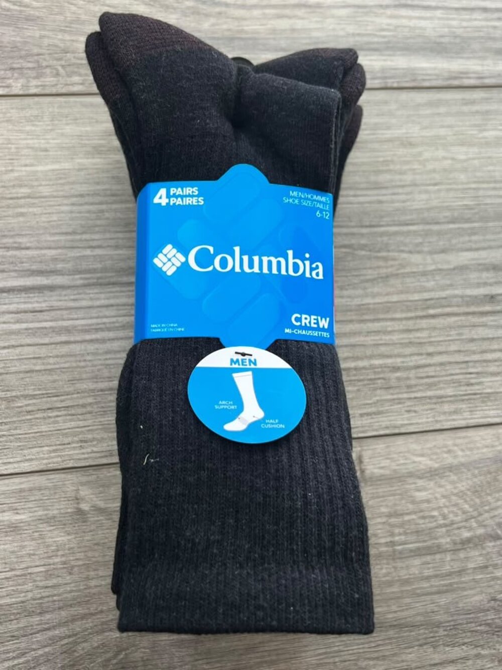 Columbia Men's Crew Socks 4 Pairs Black Gray Size 6-12 Arch Support Cushioned